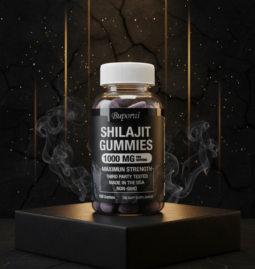 Frasco negro y dorado de Shilajit Gummies, 1000 mg por porcion