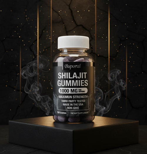 Frasco negro y dorado de Shilajit Gummies, 1000 mg por porcion
