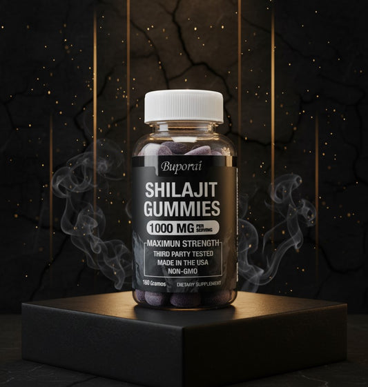 Frasco negro y dorado de Shilajit Gummies, 1000 mg por porcion