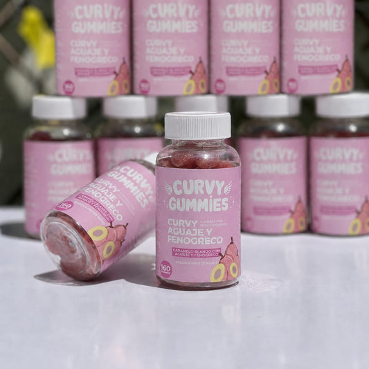 Envase rosa de Curvy Gummies con aguaje y fenogreco, 160 gramos