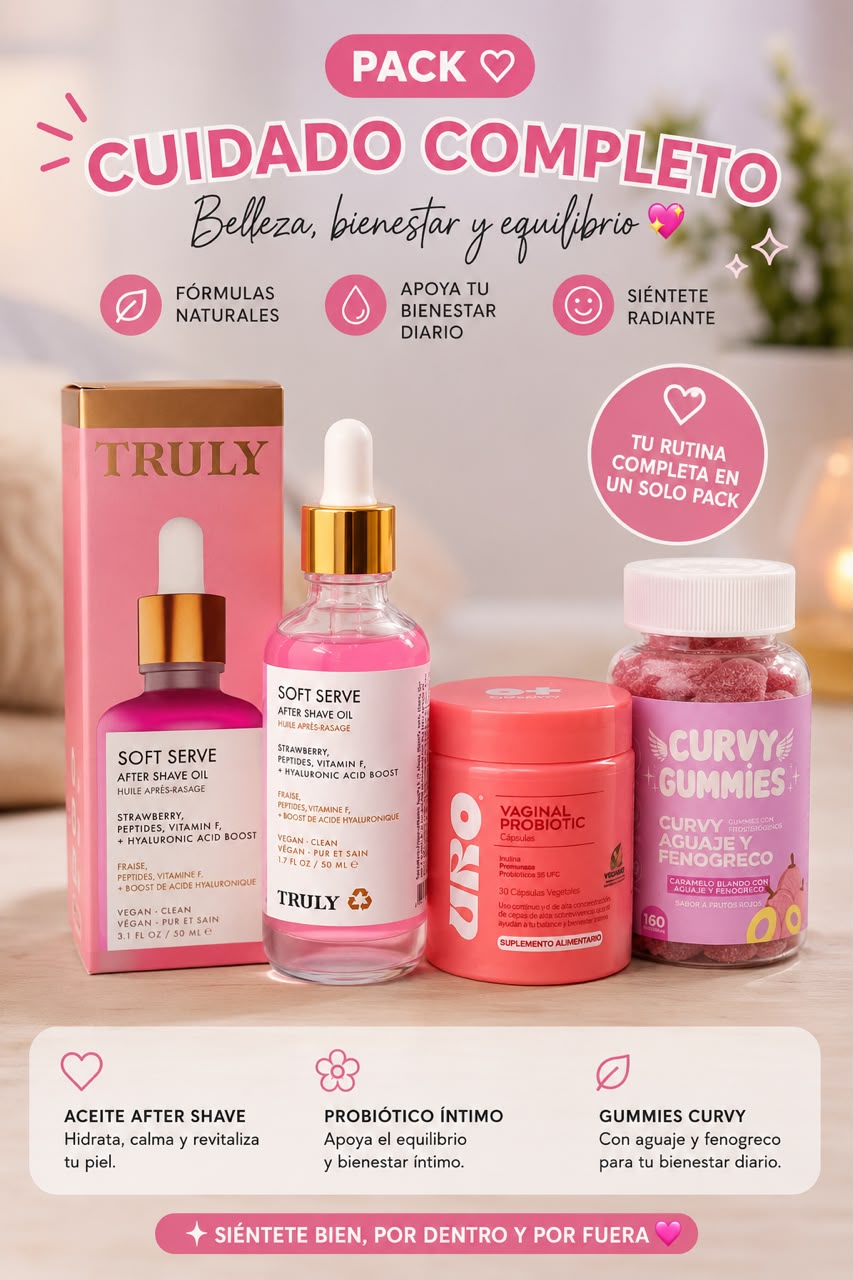 Pack Cuidado Completo para Ella: aceite after shave Truly, probiotico URO y Curvy Gummies