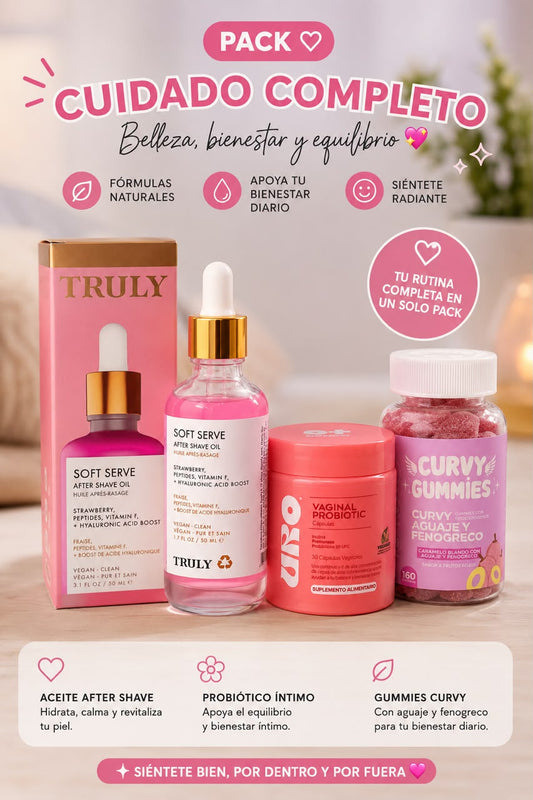 Pack Cuidado Completo para Ella: aceite after shave Truly, probiotico URO y Curvy Gummies